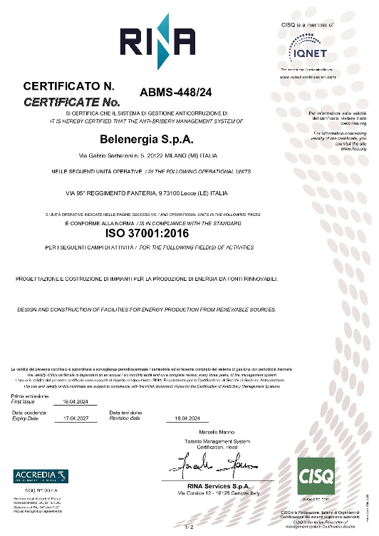 Belenergia ISO 37001 certification